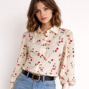 THE KOOPLES Naive Silk Cherry-Print Blouse Button Down Ecru Size 1-Small NWT